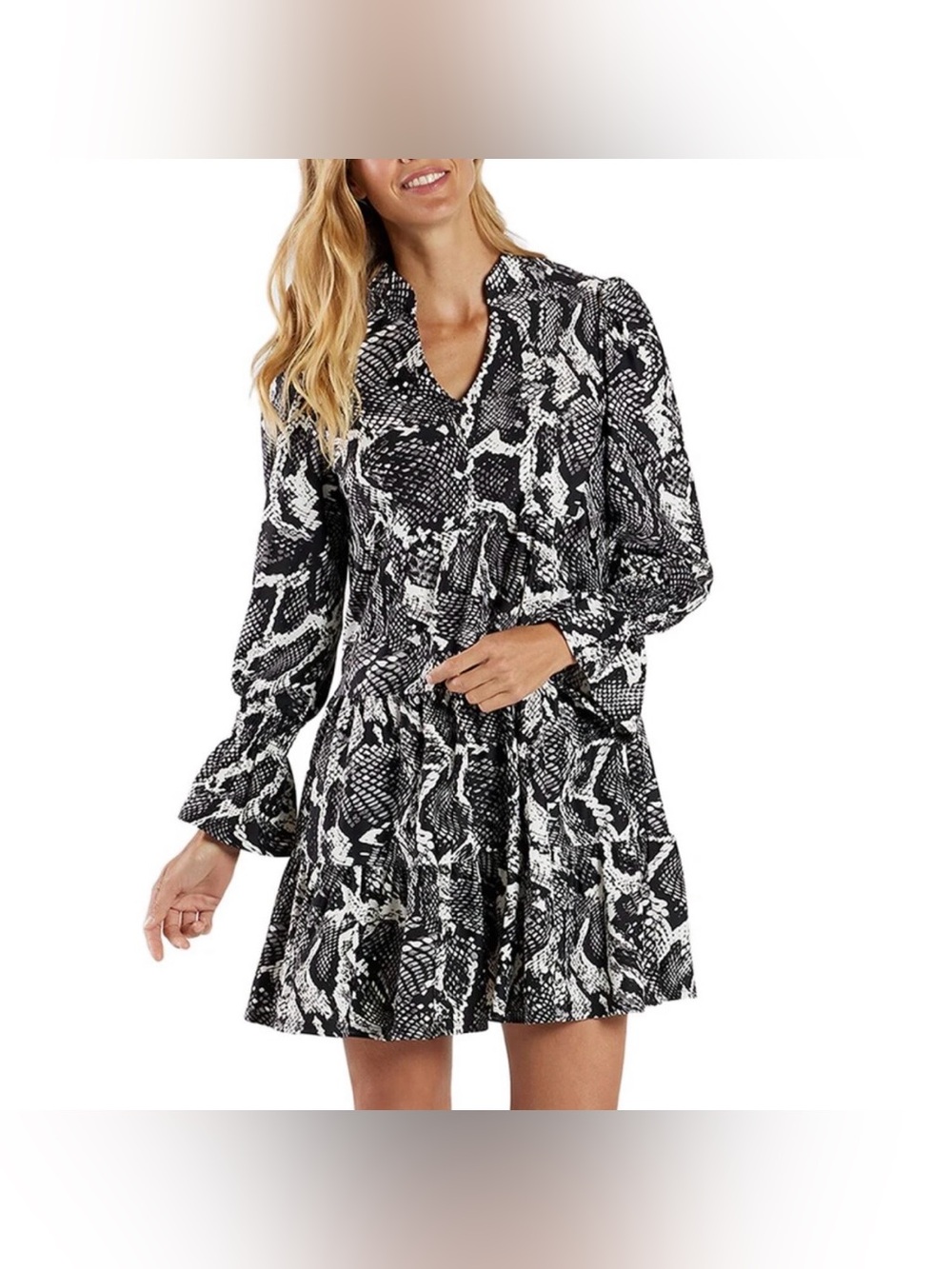 Jude Connally Tammi Tiered Dress Snakeskin Print Women’s Small Long Sleeve